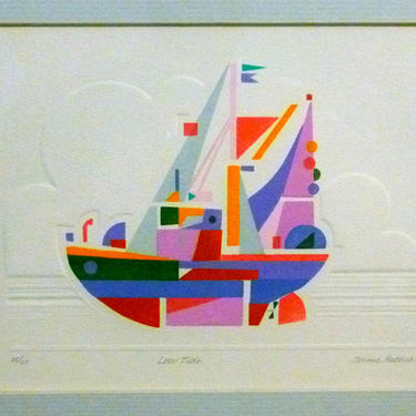 Jerome Rettich Abstract Modern Art Pochoir Embossed Painting Print Low Tide Ship Boat with Sails Provincetown Mass 