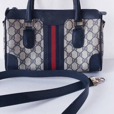 1980s Gucci  Monogram Bag Canvas Logo Black Leather / Italian Designer Top Handle Purse Detachable Shoulder Strap AS IS 