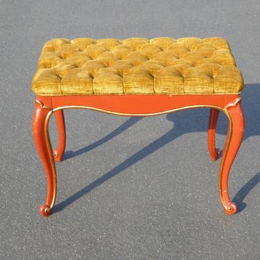 Vintage French Provincial Red Lacquer Tufted Gold Velvet Bench Made in USA 