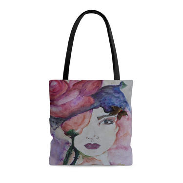 Boho Chic Floral AOP Tote Bag ~ Women's Portrait ~ Original Art ~ Boho Style Beach Bag ~Flowers ~ Artsy Hand Bag 