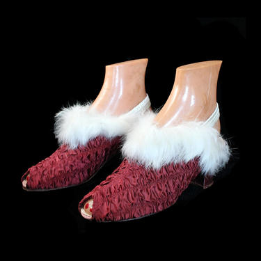 1930s Shoes / 30s Wine Red Ruched Boudoir Slippers / White Fur Trim / Peep Toe / Sling Back 