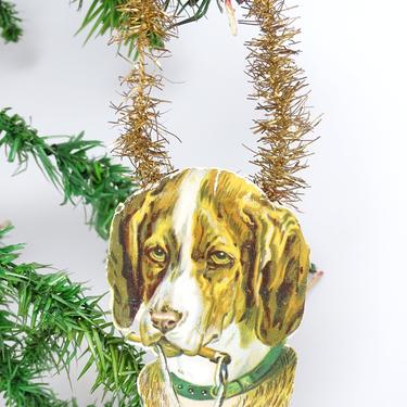 Early 1900's Victorian Dog Scrap Christmas Ornament, Antique Puppy with Tinsel Hanger, Vintage Decor 