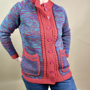 Vintage 70's Blue and Red Space Dye Cardigan Sweater with Pockets, Medium 