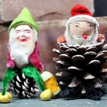 Vintage Pine Cone Ornaments, Set of 2 Santa & Gnome - Circa 1950s Made in Japan - Classic Mid-Century Pine Cone Ornaments | FREE SHIPPING 