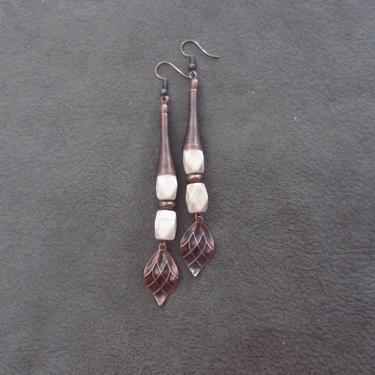 Long copper earrings, unique earrings, bold statement earrings, modern tribal earrings, chic contemporary earrings, etched copper earring 