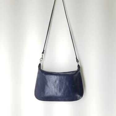 Vintage Dark Blue Leather Purse ~ Small Handmade Shoulder Bag/ Pouch ~ Brass Zip Top ~ Minimal Rectangular Design ~ Smooth Soft Leather 10x7 