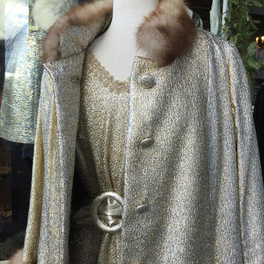 Gold lame' Dress &amp; jacket with Fur trim | Ultra Mod Set | 60's 1960's golden dream dress | size M/LG~ meow! 