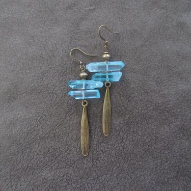 Raw quartz blue crystal earrings, rustic boho brass unique earrings, geode natural bohemian mid century modern brutalist artisan 