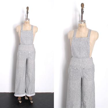 Vintage 1970s Overalls / 70s Marimekko Striped Cotton One Piece Jumpsuit / Black and White ( small S ) 