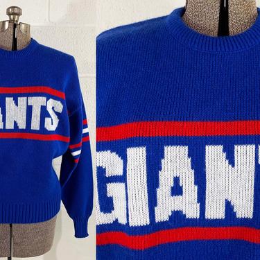 Vintage 80s Cliff Engle New York Giants NFL Wool Sweater Jumper Oversized Pullover Football Sports Fan Father's Day Blue Red White XL XXL 