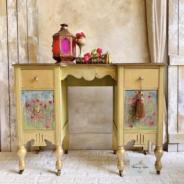 Vintage Vanity | Gold Vanity | Gold Floral Green High End Console | Painted Desk 
