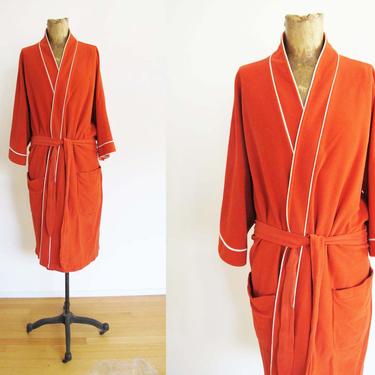 Vintage 70s Orange Bathrobe OS - 1970s Orange White Dressing Robe Unisex - Lounge Robe Getting Ready - Long Sleeve Belted Robe Cabana 