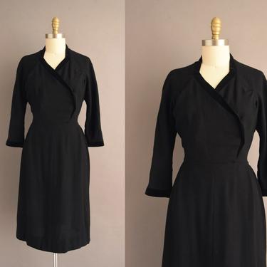 vintage 1950s dress | Gorgeous Classic Jet Black Wool Cocktail Party Wiggle Dress | Large | 50s vintage dress 