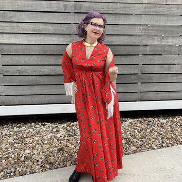 1970s Red Floral Dress and Matching Shawl