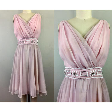 Vintage 60s Pink Chiffon Beaded Party Dress Miss Elliette M 