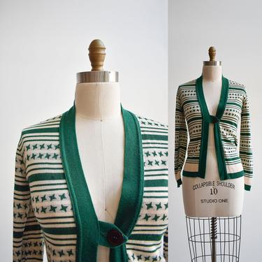1970s Green &amp; White Striped Cardigan Sweater 