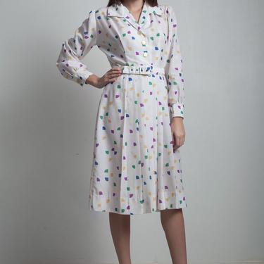 vintage 70s shirtwaist pleated dress white cotton colorful confetti print long sleeves belted LARGE L 