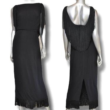 Vintage 1960 Black Formal Dress with Deep V back and Fringe Size Small Long Pencil Skirt 