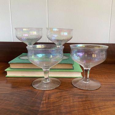 Set of 4-Vintage Champagne Cocktail Coupe Glasses; Clear Iridescent Opalescent Glass 