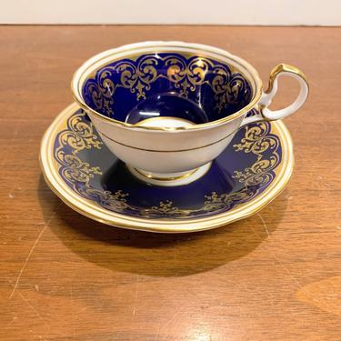 Vintage Aynsley China Tea Cup and Saucer Cobalt Blue and Gold Cabbage Rose 