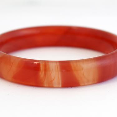Classic 60's orange red Peking glass geometric bangle, simple mid-century swirled glass stacking bracelet 
