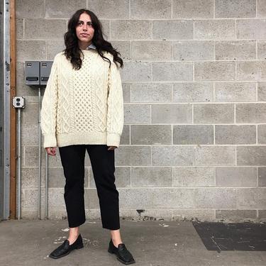 Vintage Fisherman Sweater Retro 1990s Hand Knit + Pure Wool + Cream + Ivory + Cable Knit + Crew Neck + Unisex Apparel 