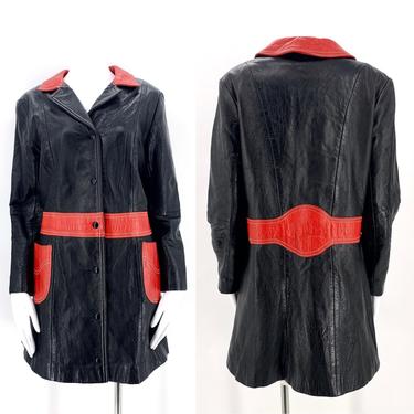 60s LEATHER black &amp; red MOD coat / vintage 1960s snap front graphic  Moto scooter jacket coat sz L 