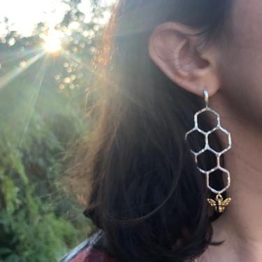 Honeycomb Hoop Dangles in Sterling Silver with Gold Plated Honey Bees with Huggie  Hoops 