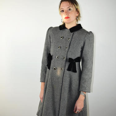 Vintage 80s Gray Wool Velvet Coat / Bows / 80s Coat Jacket / Black Velvet / Girls Womens Puffy Sleeves 1990s 1980s XS Small Double Breasted 