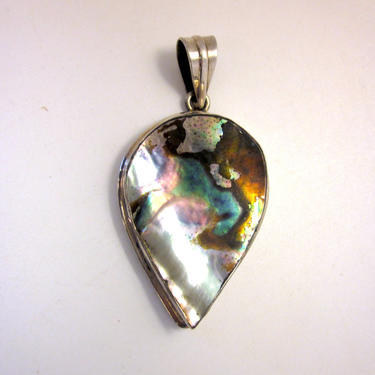 Vintage Sterling Silver Abalone Shell Inlay Teardrop Pendant Statement Piece Modernist Minimalist Natural Jewelry 
