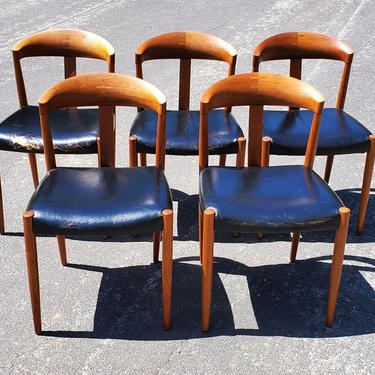 Knud Andersen for J.A.C. Jensen Mid Century Modern Teak &amp; Leather Dining Chairs Bentwood Mortised Original Dining Set 5 Chairs Denmark 