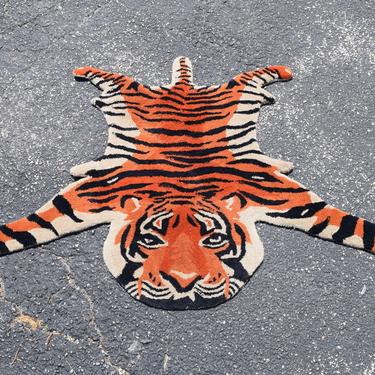 Vintage Handmade Tiger Rug Wall Hanging with Stylized Foreshortened Perspective 