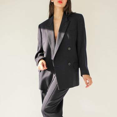 Vintage 80s Double Breasted Blazer and Pleated High Waisted Pant Suit | Two-Piece Suit | 1980s Boyfriend Fit Double Breasted Wool Suit 
