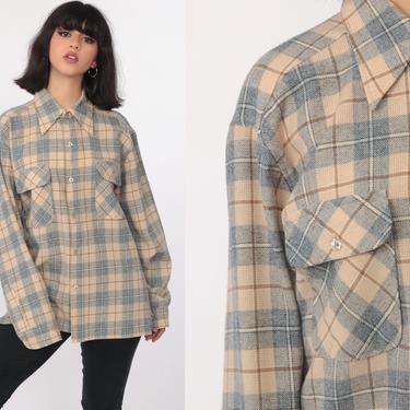 Pendleton Plaid Shirt 80s WOOL Flannel Plaid Shirt Distressed 1980s Lumberjack Button Up Long Sleeve Vintage Retro Tan Collared Large 