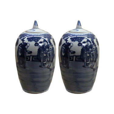 Lot of 2 Blue White Small Oriental Graphic Porcelain Point Lid Jars ws108E 