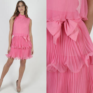 Miss Elliette Pink Mini Dress / Tiered Layered Sheer Chiffon / Vintage 70s Ruffle Avant Garde / Unique Pleated Short Dress 