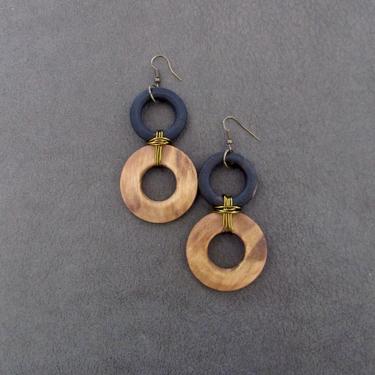 Large wood earrings, bold statement earrings, Afrocentric jewelry, African earrings, geometric earrings, bronze mid century modern earrings2 