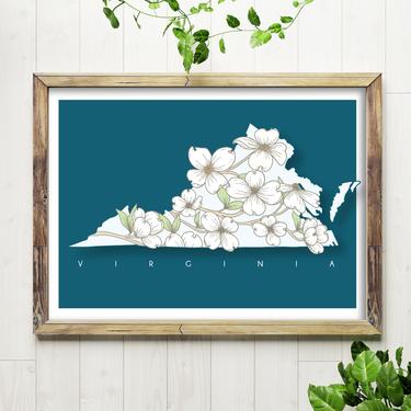 Art Print // Virginia Dogwoods Teal // 5x7 or 8x10 Hand Drawn State Map 