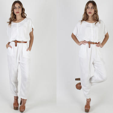 All White Tapered Jumpsuit / Vintage 80s Checkered Pockets Playsuit / 1980s Womens Draped Pants Suit / One Piece Playsuit 