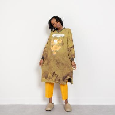 GARFIELD SWEATSHIRT DRESS Vintage Tie Dye Bleached Funny Graphic Long Sleeve Yellow Nighty 90's Oversize / Large Extra Large Free Size 