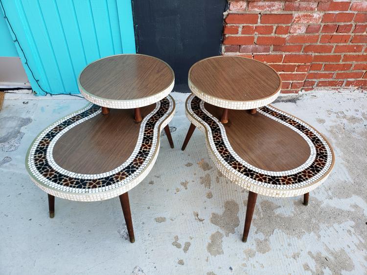 Mid-century Tile Top Side Table Pair