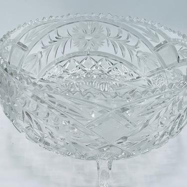 Vintage Brilliant Cut Glass 3 Footed Bowl Clear Crystal Etched Flower Pattern Sawtooth Rim 8 1/2&quot; X 4.5&quot; 