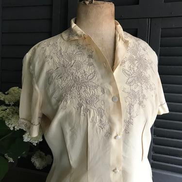 French 1940s Silk Blouse, Embroidery Work, Silk Rayon, Mother of Pearl Buttons 