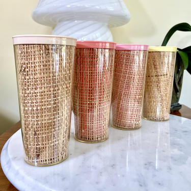 4 Vintage Raffia Ware Raffiaware Insulated Iced Tea Glasses or Tumblers, Drinkware - Clear, Pastel Pink Coral Yellow Beige, Mid Century 