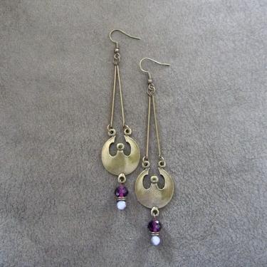 Long crystal and bronze earrings, mid century modern earrings, minimalist earrings, simple unique artisan earrings, purple gypsy earrings 