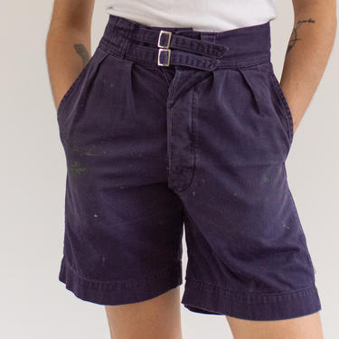 Vintage 26 Waist Pleat Blue Twill Chino Shorts | Belted High Rise Workwear | Button Fly | SB023 