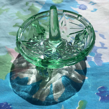 Vintage 70s Glass Ring Holder Footed Dish, Green Toned Geometric Cut Pattern 