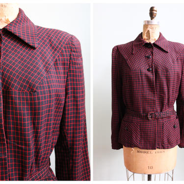 Vintage 1940's Red and Black Checkered Wool Jacket | Size Medium 