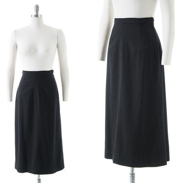 Vintage 1950s Skirt | 50s Black Wool High Waisted Minimalist Straight Midi Pencil Skirt (medium) 