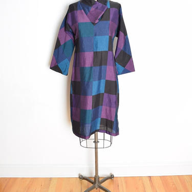 vintage 80s dress grid color block geometric print funnel neck spaceage midi S 